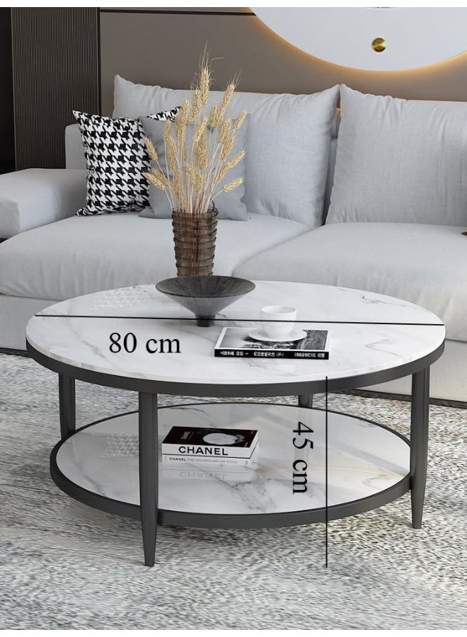 YINZUO Coffee Table, 2-Tier Round Table with Natural White Marble Top and Black Gold Metal Frame – No Assembly Required, Durable Welded Structure (Matt Black, 80 cm) - Image 3