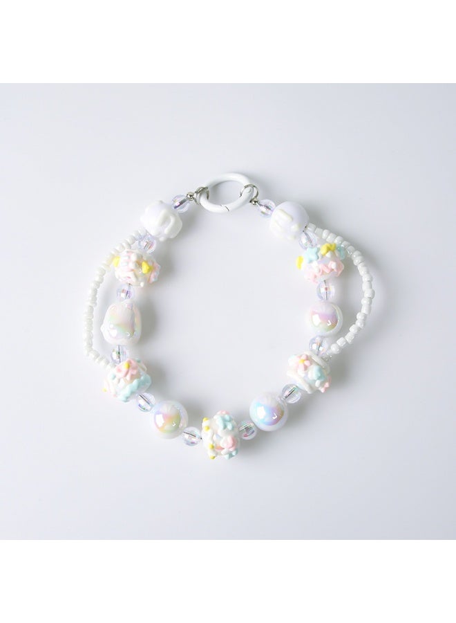 NIBEMINENT Beaded Phone Lanyard, Anti Lost Removable Wrist Strap, Cherry Blossom Cat Bracelet Pendant, Phone Keychain Lanyard,White