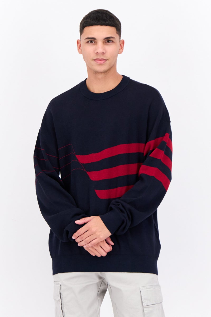 PERRY ELLIS سويت شيرت رجالي بياقة دائرية مخطط، أزرق داكن - Image 1