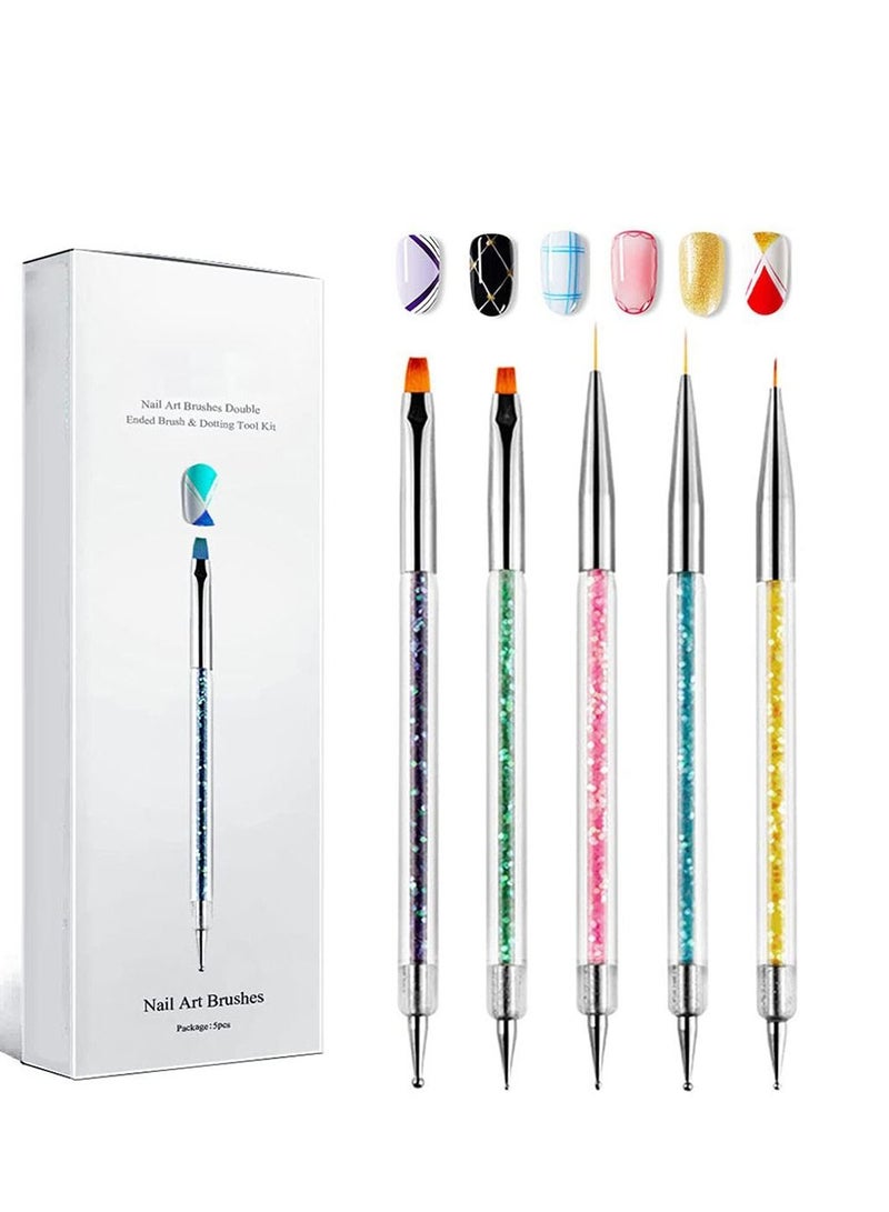 KASTWAVE Nail Art Brushes Double Ended Brush Dotting Tool Kit Including Nail Liner Brush and Nail Dotting Pens for Nail Art Nail Salon 5Pcs  - Image 1