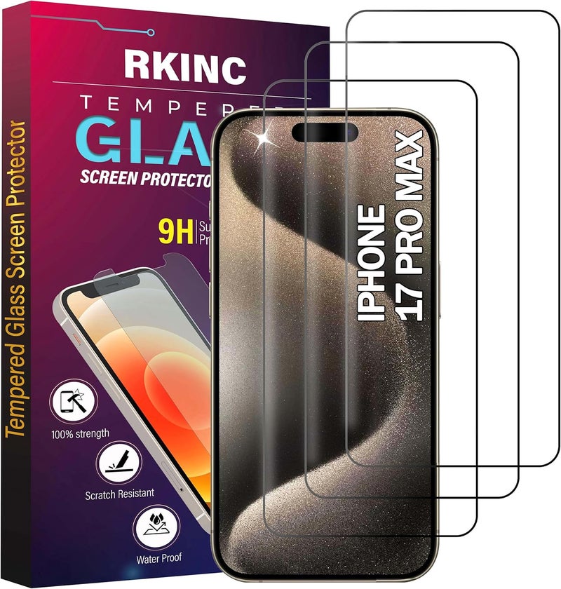 ريكنك واقي شاشة [3 عبوات] لهاتف iPhone 17 Pro Max، فيلم زجاج مقوى لواقي الشاشة، 0.33 مم [مضاد للخدش][مضاد للكسر][خالٍ من الفقاعات] - Image 1