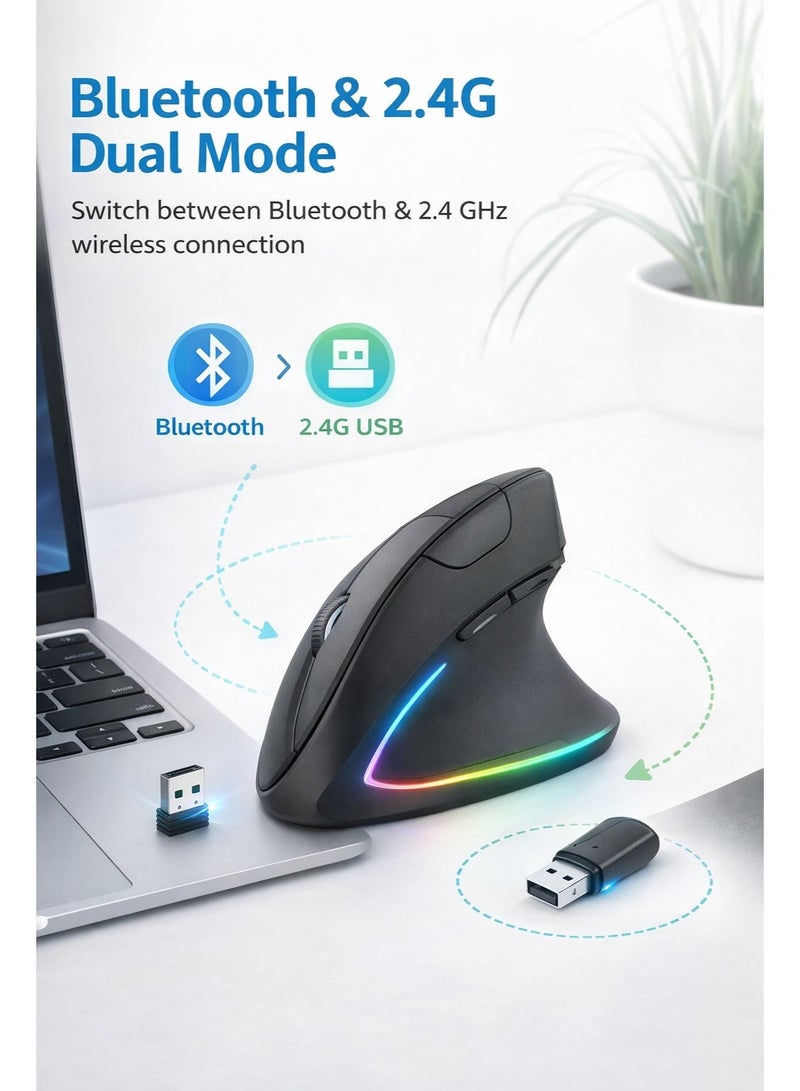 ماوس لاسلكي عمودي مريح، بنقرة صامتة، وضع مزدوج بتقنية البلوتوث و2.4 جيجاهرتز، إضاءة RGB، قابل لإعادة الشحن لأجهزة الكمبيوتر المحمولة وأجهزة الكمبيوتر الشخصية وأجهزة ماك بوك. - Image 3