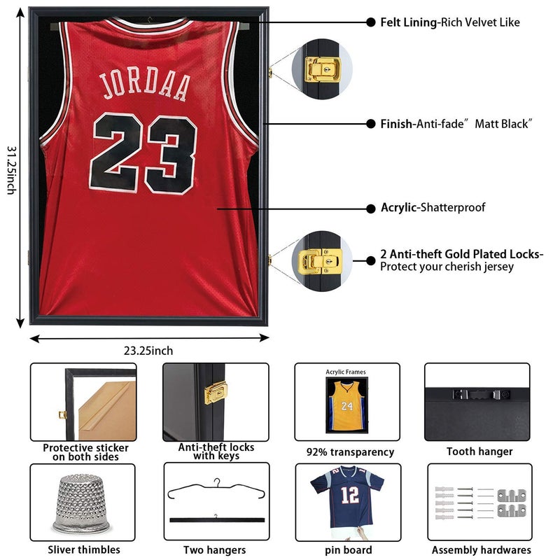Jinchuan Jersey Frame Display Case Large Frames Shadow Box Lockable with UV Protection for Baseball Basketball Football Soccer Hockey Sport Shirt Black - Image 3