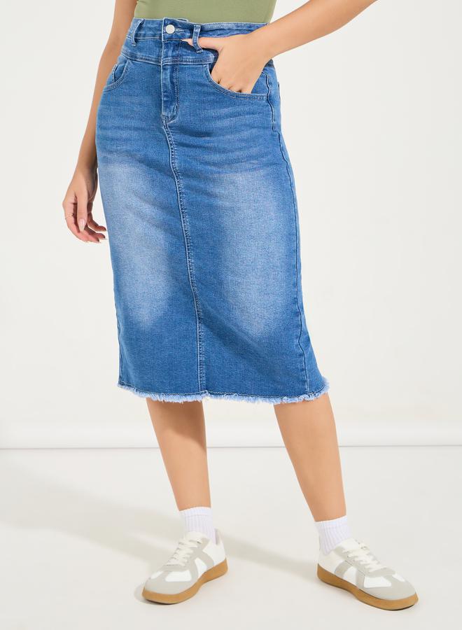 Styli Raw Edge Denim Midi Skirt with Back Slit  - Image 2