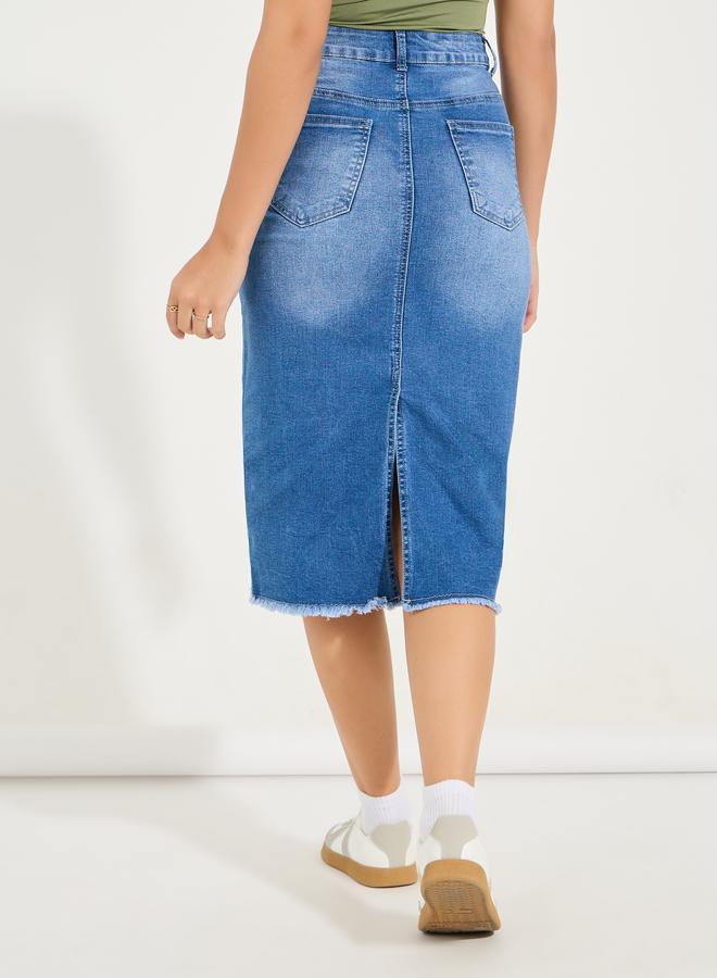 Styli Raw Edge Denim Midi Skirt with Back Slit  - Image 4