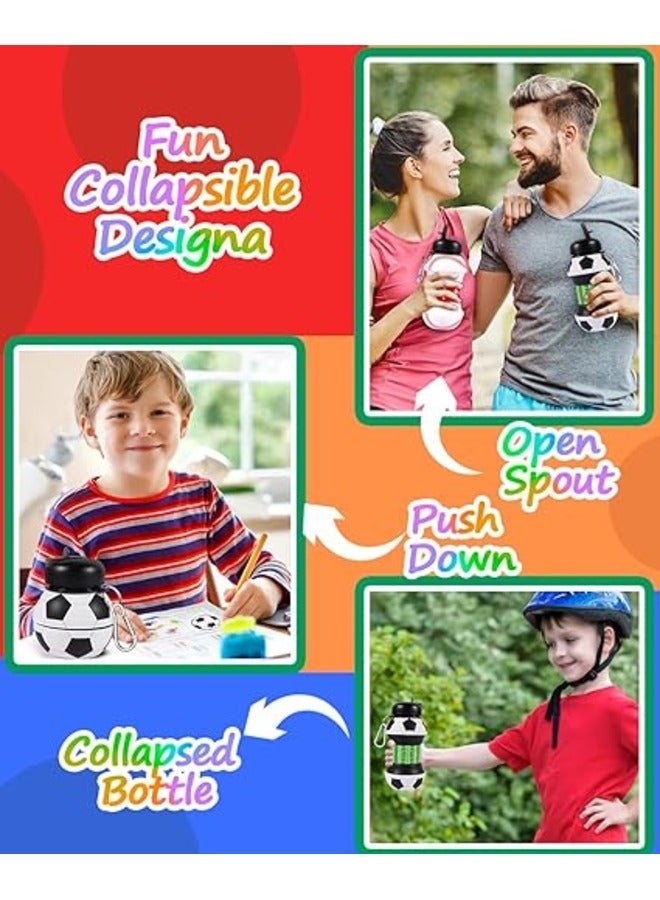 Football Design Silicone Collapsible Water Bottles, Portable Sports Bottle with Carabiner Clip, Leak Proof, BPA Free, Sipper Cup with Sippy Straw, 3+ Years, 550 ml (Pack of 1, Black-White) - Image 2