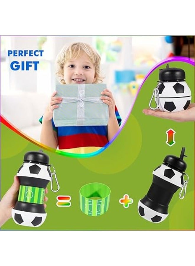 Football Design Silicone Collapsible Water Bottles, Portable Sports Bottle with Carabiner Clip, Leak Proof, BPA Free, Sipper Cup with Sippy Straw, 3+ Years, 550 ml (Pack of 1, Black-White) - Image 3