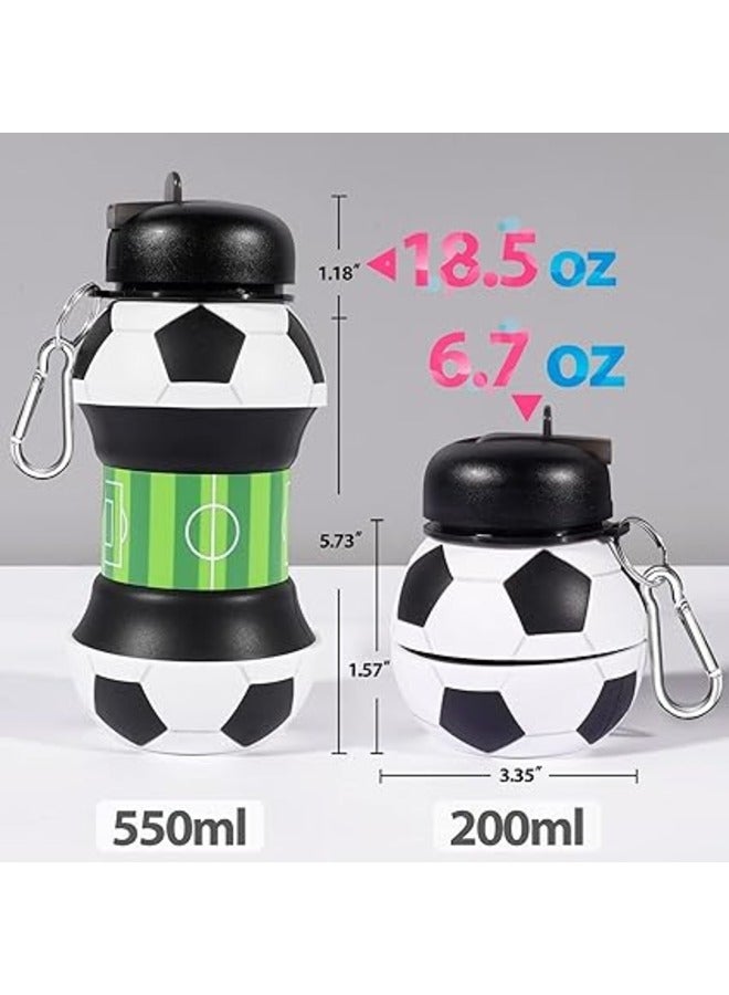 Football Design Silicone Collapsible Water Bottles, Portable Sports Bottle with Carabiner Clip, Leak Proof, BPA Free, Sipper Cup with Sippy Straw, 3+ Years, 550 ml (Pack of 1, Black-White) - Image 4
