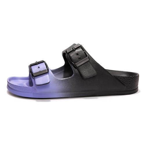 FUNKYMONKEY Women's Comfort Slides Double Buckle Adjustable EVA Flat Sandals (7 M US, Black/Purple) - Image 2