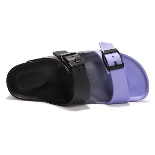 FUNKYMONKEY Women's Comfort Slides Double Buckle Adjustable EVA Flat Sandals (7 M US, Black/Purple) - Image 3