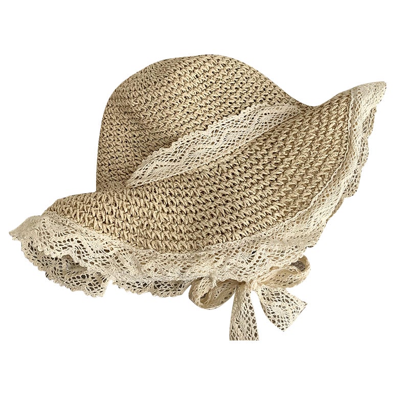 Women's Wide Brim Straw Sun Hat with Lace Hollow Out Breathable Beach Hat - Image 5