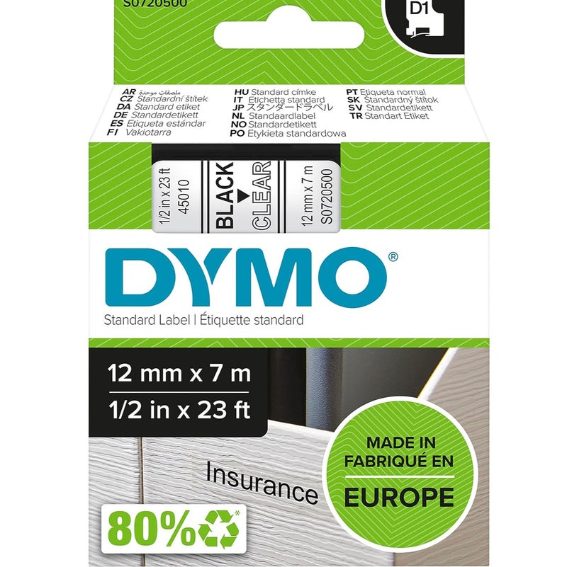 Dymo 12mm x 7 meter Black on Clear Tape Cartridge for Dymo Label Printers 45010