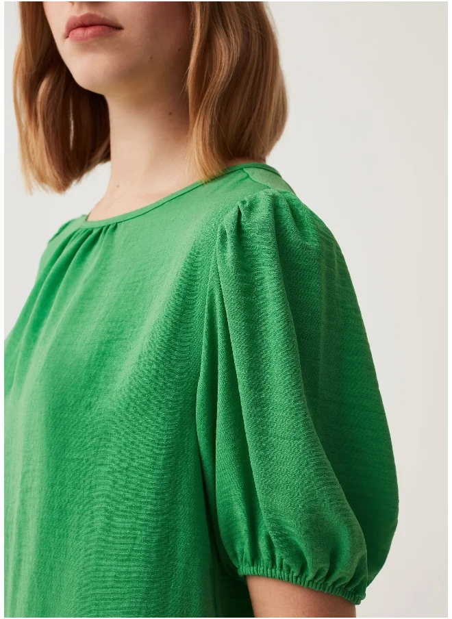 او في اس Cotton crêpe blouse with puff sleeves