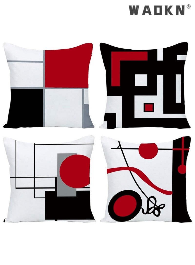 دبليو أيه أو كي أن أسود أحمر هندسي ديكور وسادة غطاء وسادة مجموعة من 4 18 "x 18" هندسي حديث رمادي أسود وأحمر شبكة شريط ديكور غير منتظم مع سحاب مخفي المنزل لسرير الأريكة - Image 1