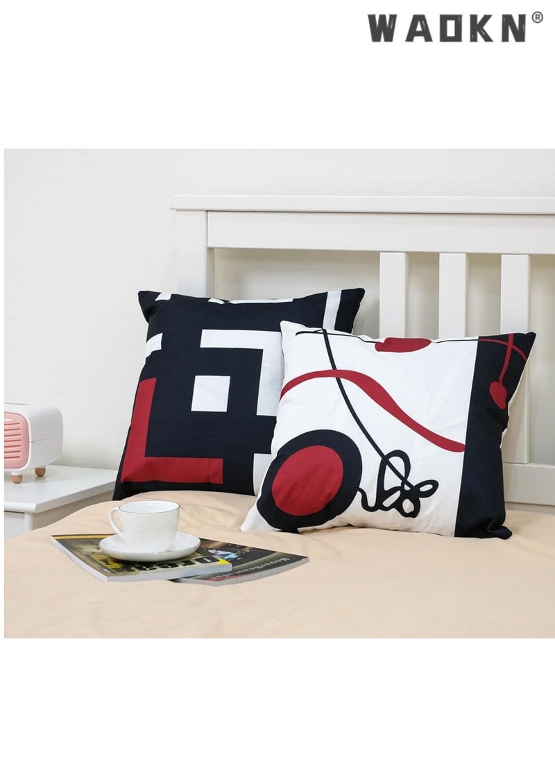 دبليو أيه أو كي أن أسود أحمر هندسي ديكور وسادة غطاء وسادة مجموعة من 4 18 "x 18" هندسي حديث رمادي أسود وأحمر شبكة شريط ديكور غير منتظم مع سحاب مخفي المنزل لسرير الأريكة - Image 3