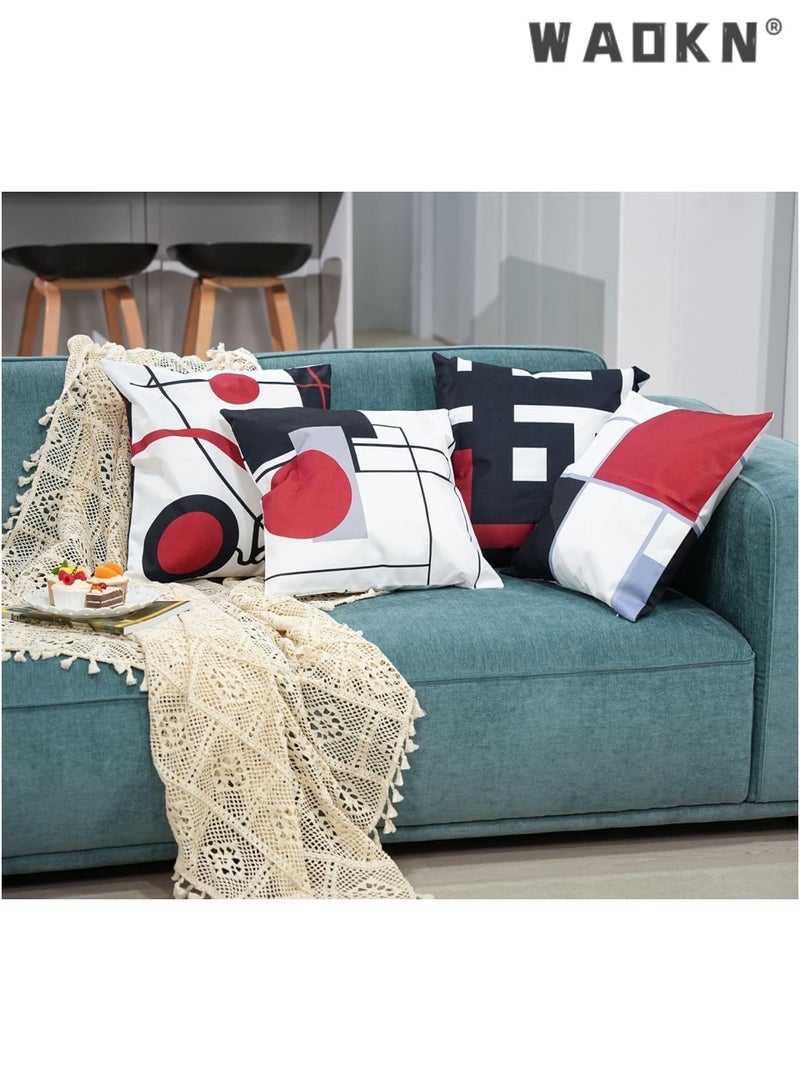 دبليو أيه أو كي أن أسود أحمر هندسي ديكور وسادة غطاء وسادة مجموعة من 4 18 "x 18" هندسي حديث رمادي أسود وأحمر شبكة شريط ديكور غير منتظم مع سحاب مخفي المنزل لسرير الأريكة - Image 5