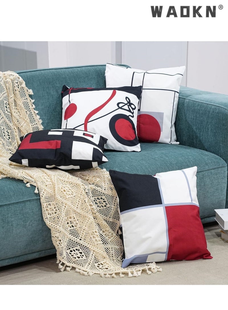 دبليو أيه أو كي أن أسود أحمر هندسي ديكور وسادة غطاء وسادة مجموعة من 4 18 "x 18" هندسي حديث رمادي أسود وأحمر شبكة شريط ديكور غير منتظم مع سحاب مخفي المنزل لسرير الأريكة - Image 4