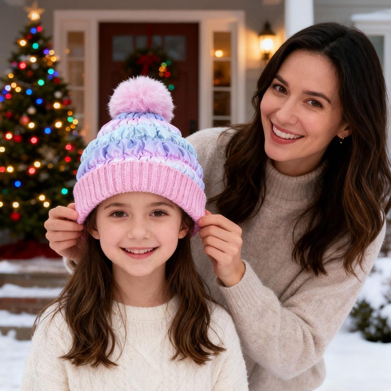 PinkSheep Toddler Winter Hat, Cute Girls Warm Beanie with Pom Pom and Fleece Lined Winter Hats,Fashion Kids Knit Beanies Cap Gradient Blue - Image 2
