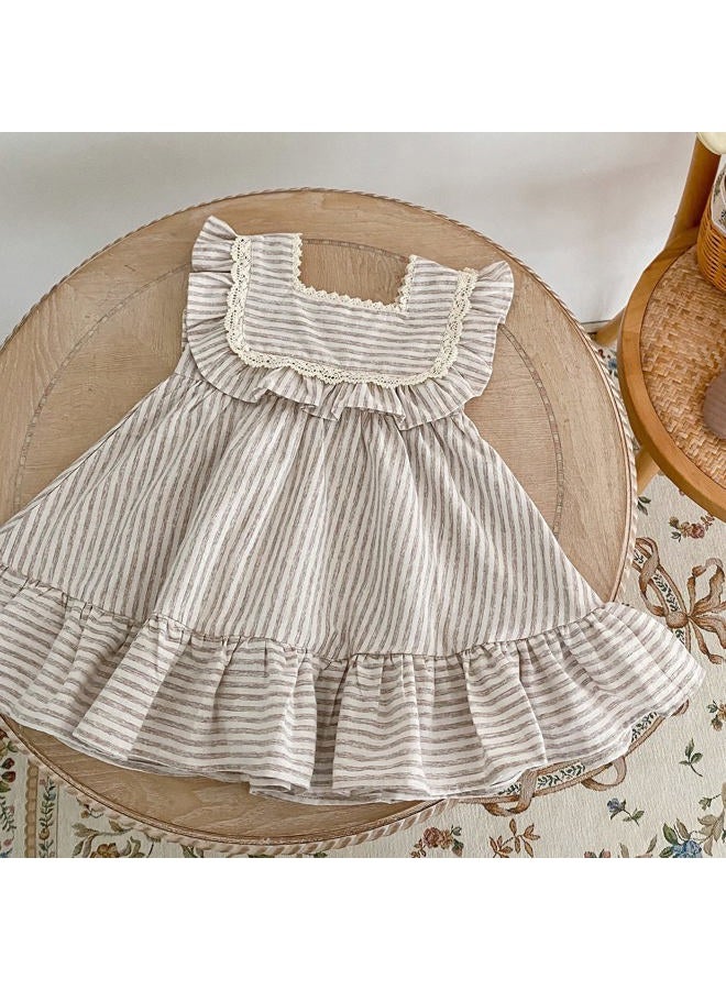 Ashmyova Toddler Girls Linen Summer Casual Dress Kids Vintage Ruffles Stripe Baby Rompers Dresses, Kahhi Dress, 6-7 Years - Image 5