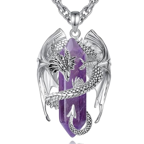 INFUSEU Amethyst Necklace Dragon Jewelry Men Women Purple Crystal Stone Pendant Large Ametrine Super Seven Amathesis February Birthstone Gift Goth Gothic Viking Spiritual Birthday Accessories - Image 1
