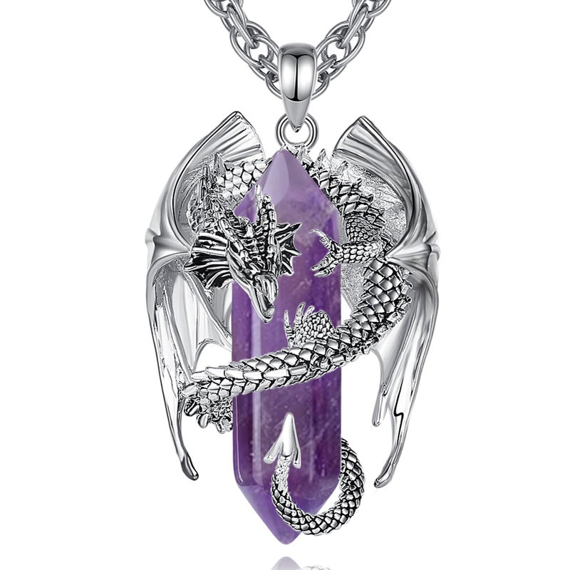INFUSEU Amethyst Necklace Dragon Jewelry Men Women Purple Crystal Stone Pendant Large Ametrine Super Seven Amathesis February Birthstone Gift Goth Gothic Viking Spiritual Birthday Accessories - Image 2