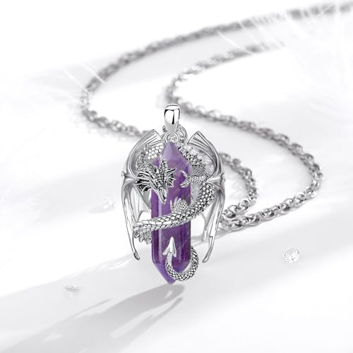 INFUSEU Amethyst Necklace Dragon Jewelry Men Women Purple Crystal Stone Pendant Large Ametrine Super Seven Amathesis February Birthstone Gift Goth Gothic Viking Spiritual Birthday Accessories - Image 3