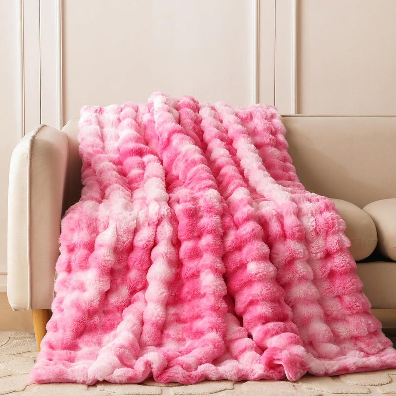 COOVA Faux Fur Throw Blanket for Couch, Cozy Soft and Fuzzy Plush Rabbit Fur Bubble Blanket for Sofa Bedroom Living Room, 50x60 Inches Tie Dye Pink - Image 2