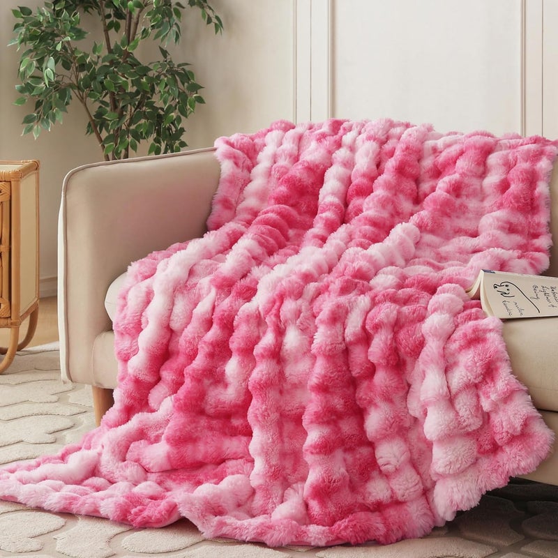COOVA Faux Fur Throw Blanket for Couch, Cozy Soft and Fuzzy Plush Rabbit Fur Bubble Blanket for Sofa Bedroom Living Room, 50x60 Inches Tie Dye Pink - Image 1