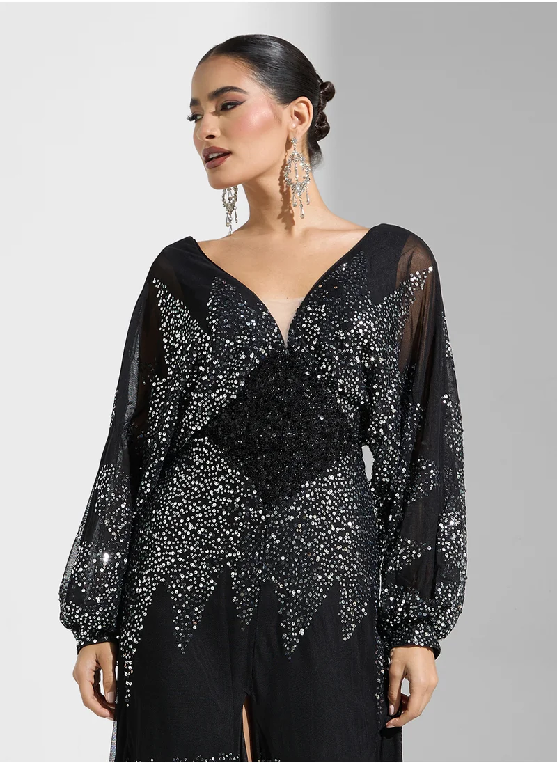 نمشي x Plunge Neck Embellished Evening Dress With Slit