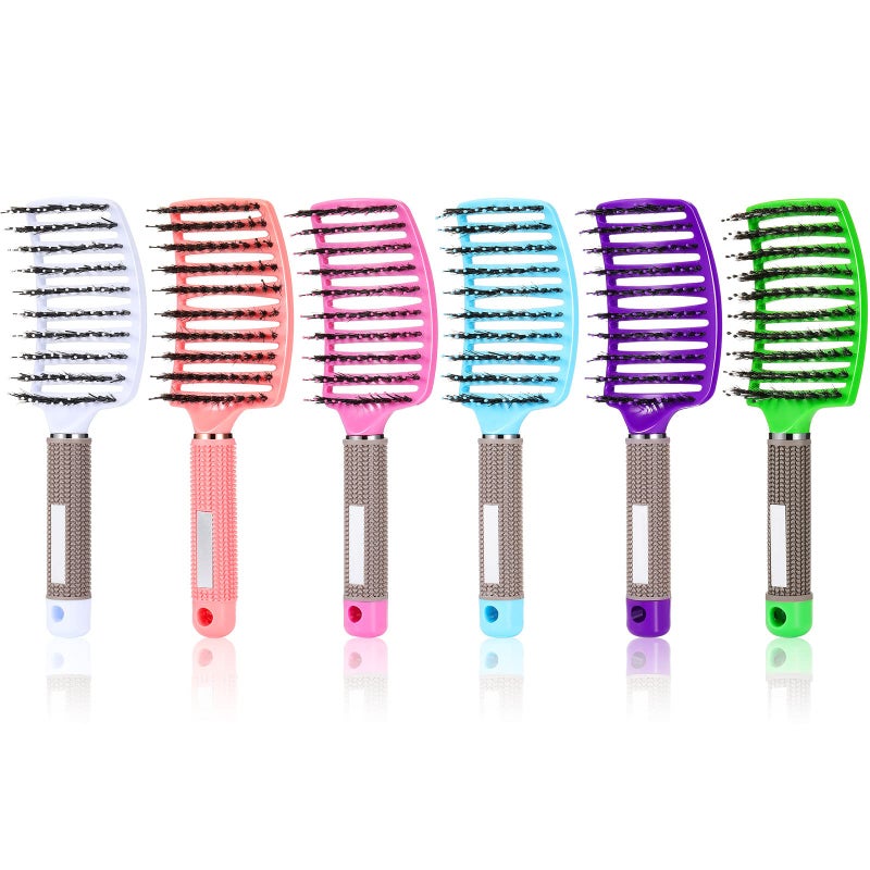 Cunhill 6 Pack Detangling Brush Bulk Boar Bristle Hair Brushes Curved and Vented Hairbrush Detangler for Women Men Detangling Comb Long Wet Dry Thick Curly Blowing Hair Accessories, 6 Colors - Image 1