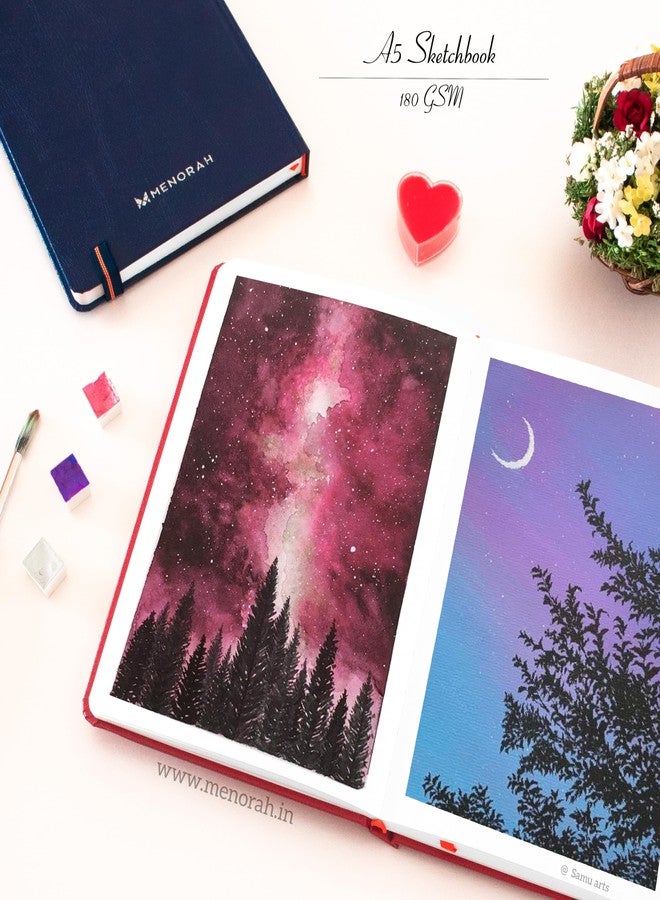 MENORAH ورق مينورا - مقاس A5 - دفتر رسم للفنانين - 180 غرام/م² (100 صفحة / 50 ورقة) - دفتر رسم فني - (21.0 سم × 14.8 سم) - غلاف مقوى - مصنوع يدويًا بالكامل - رسم بورتريه (أزرق)، ألوان زيتية - Image 5