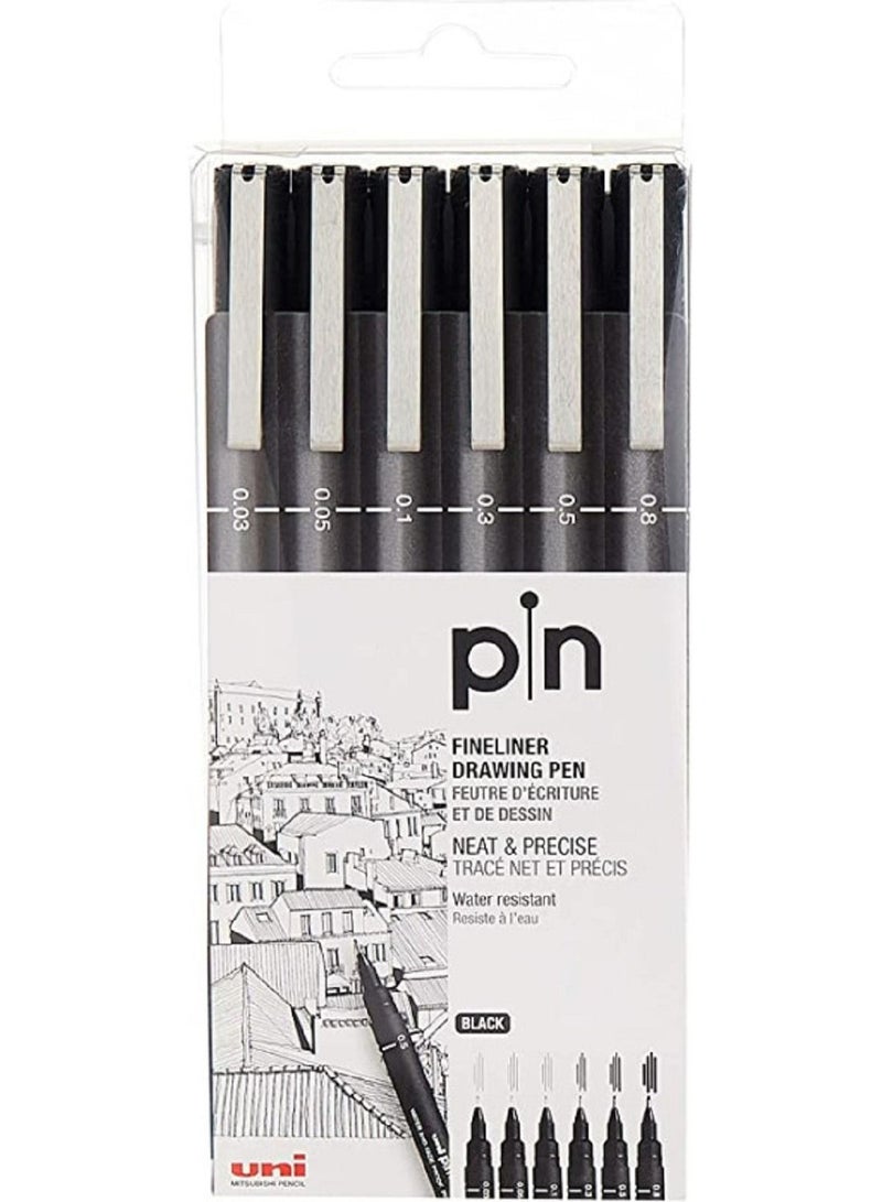 Uni Pin Sketching Drawing Pen Uni pin Fineliner Set of 6 pens Black 0.3 to 0.8mm - Image 1