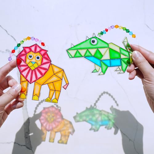 Winlyn 24 Sets Jungle Animal Suncatcher Decorations DIY Window Paint Art Craft Kits Safari Animal Sun Catchers Rainbow Painting Kit for Kids Classroom Activities Summer Camping VBS Party Art Project - Image 3