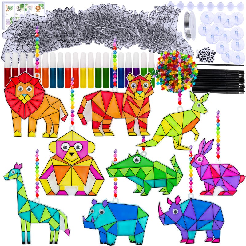 Winlyn 24 Sets Jungle Animal Suncatcher Decorations DIY Window Paint Art Craft Kits Safari Animal Sun Catchers Rainbow Painting Kit for Kids Classroom Activities Summer Camping VBS Party Art Project - Image 2