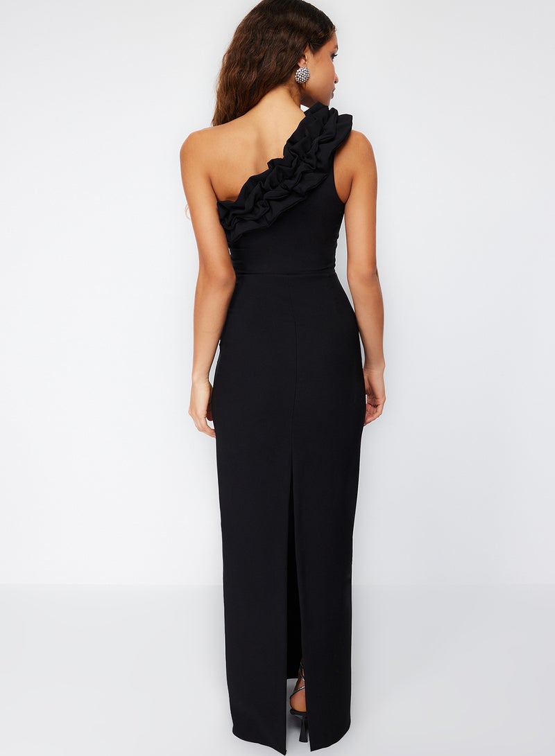 trendyol Black Lined Flounces Woven Long Stylish Evening Dress Night Graduation Dress Tprss21Ae0044 - Image 5