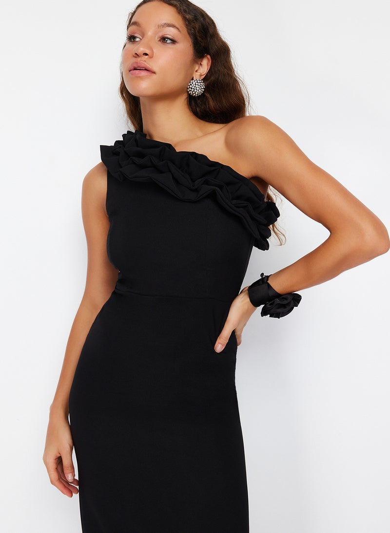 trendyol Black Lined Flounces Woven Long Stylish Evening Dress Night Graduation Dress Tprss21Ae0044 - Image 2