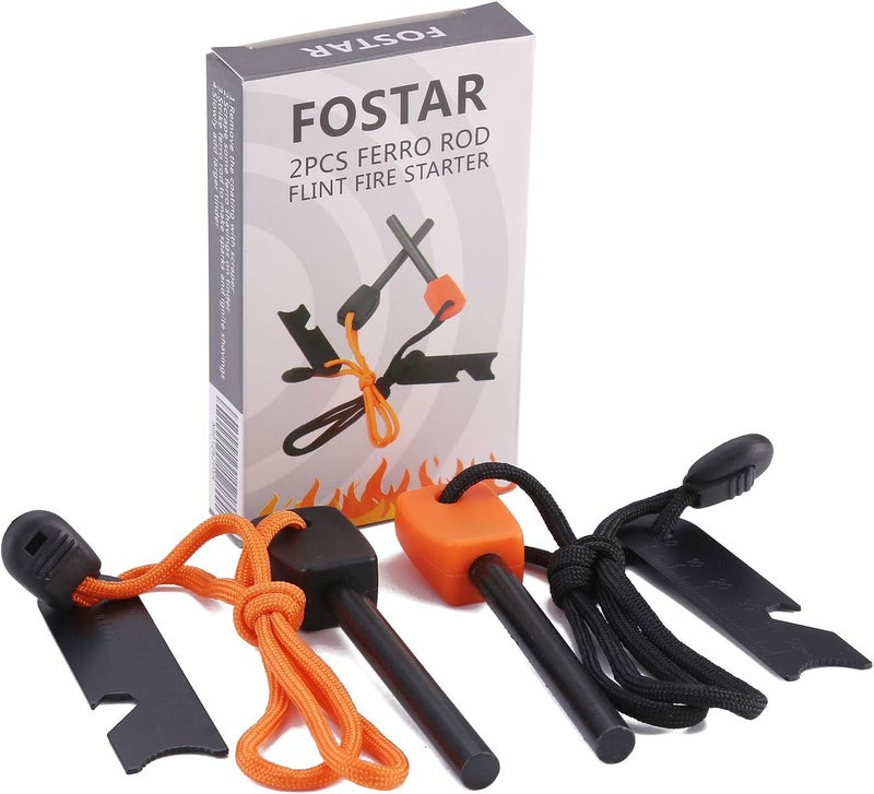 FOSTAR Ferrocerium Alloy Rod Fire Starter, 5/16 Inch Thick Waterproof Fire Steel, Bushcraft Ferro Rod with Easy Grip Handle, Multi-Tool Striker and Paracord Lanyard (2PCS, Black and Orange) - Image 1
