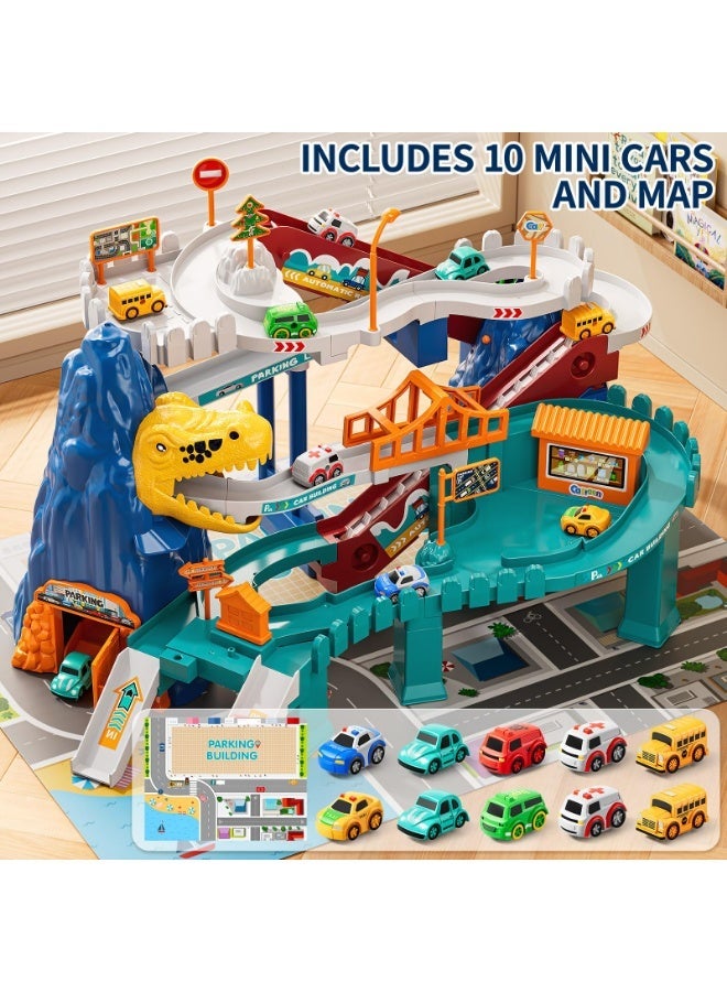 WangPangZi Dinosaur Race Track Playset for Boys Kids 3-5, Dinosaur Climbing Hills Car Track Play Set with 10 Mini Racer Cars, Kids Car Ramp Track Toys for 3 4 5 6 7 8 Year Old Boys Girls - Image 3