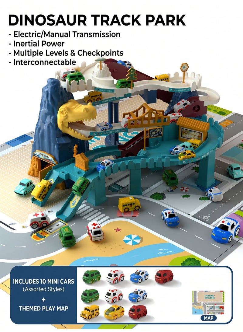WangPangZi Dinosaur Race Track Playset for Boys Kids 3-5, Dinosaur Climbing Hills Car Track Play Set with 10 Mini Racer Cars, Kids Car Ramp Track Toys for 3 4 5 6 7 8 Year Old Boys Girls - Image 1