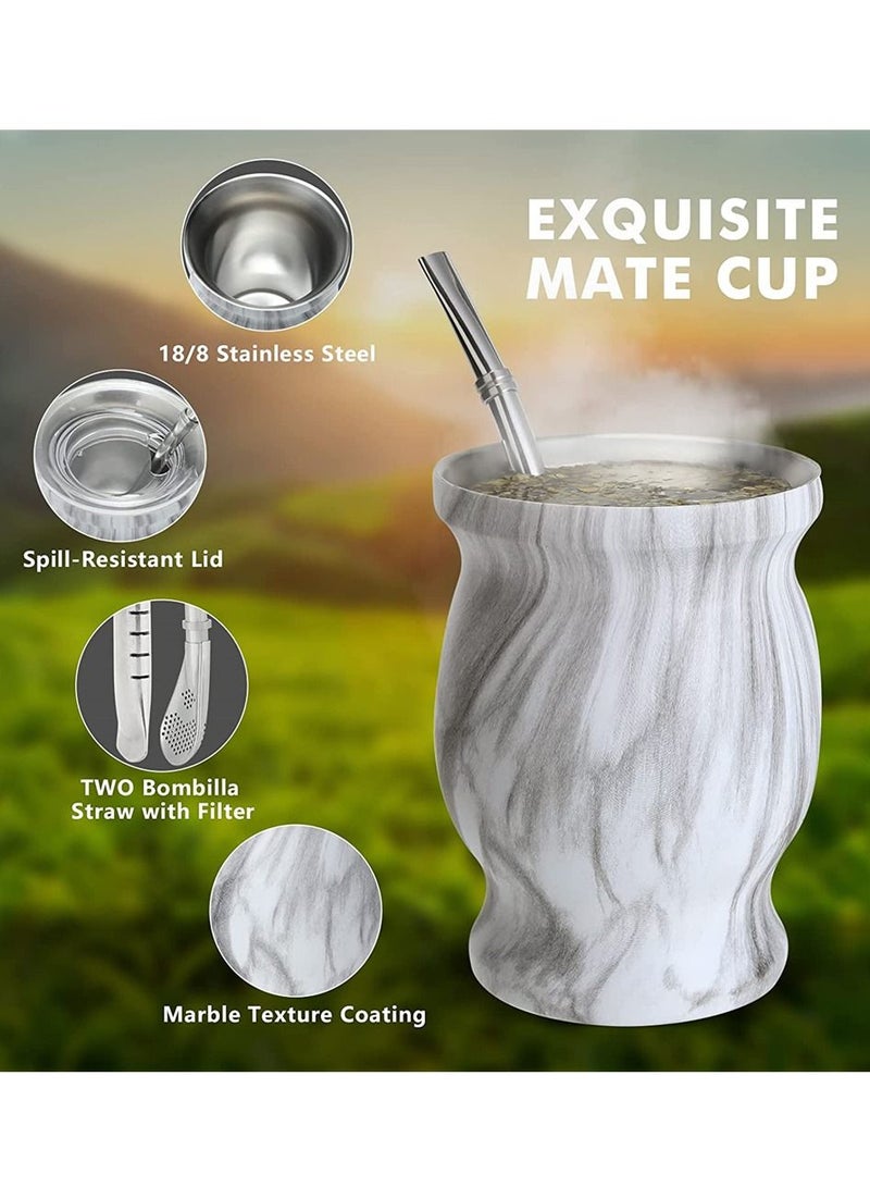 Y&D Yerba Mate Tea Cup 230ml Gourd Marble Color Stainless Steel Double Walled Easy Wash Household Insulation Gourds for Loose Leaf Drinking, Includes Bombilla Straw and Cleaning Brush  - Image 2