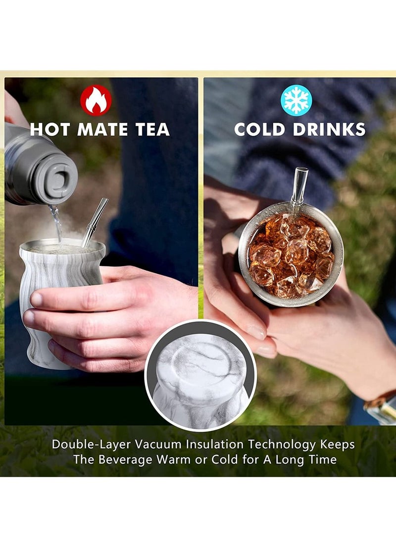 Y&D Yerba Mate Tea Cup 230ml Gourd Marble Color Stainless Steel Double Walled Easy Wash Household Insulation Gourds for Loose Leaf Drinking, Includes Bombilla Straw and Cleaning Brush  - Image 3
