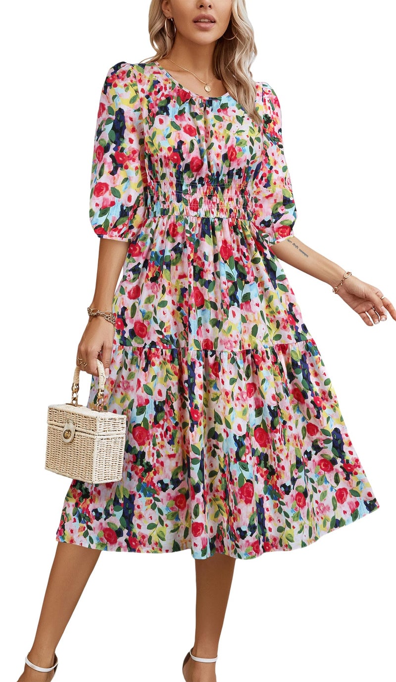 Kormei Women Summer Casual Boho Floral Round Neck 3/4 Sleeve Smocked Waist Tiered Flowy Swing Midi Dress M Red/Blue - Image 1