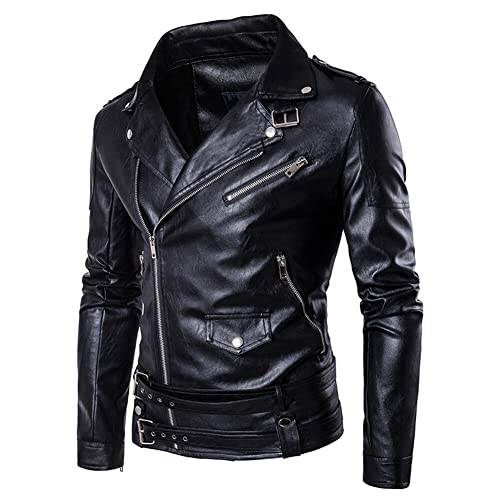AOWOFS Men's Faux Leather Jacket Double Belt Punk Motorcycle Zip Slim Fit Biker Jacket - Image 4