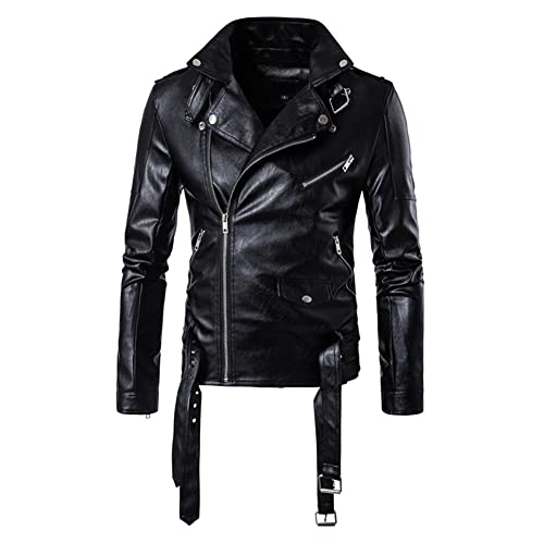 AOWOFS Men's Faux Leather Jacket Double Belt Punk Motorcycle Zip Slim Fit Biker Jacket - Image 3