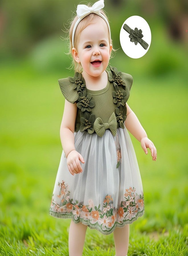 Douhoow Baby Girl Dress Romper Baby Romper Dress Flowers Embroidery Tulle Skirt Infant Girl Summer Clothes with Headband (Green, 0-3 Months) - Image 5