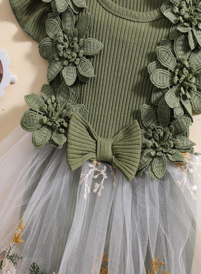 Douhoow Baby Girl Dress Romper Baby Romper Dress Flowers Embroidery Tulle Skirt Infant Girl Summer Clothes with Headband (Green, 0-3 Months) - Image 3