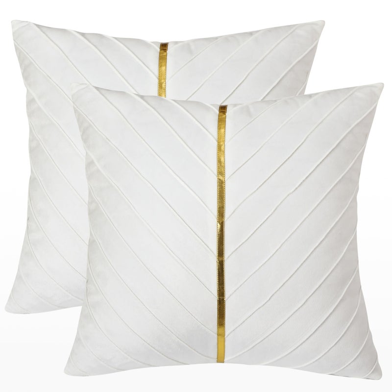 Tosleo White Velvet Throw Pillow Covers 18x18 inch Pack of 2 with Gold Leather Christmas Decorative Couch Pillow Cover Luxury Modern Pillowcases for Living Room Bedroom Sofa Cushion Bed