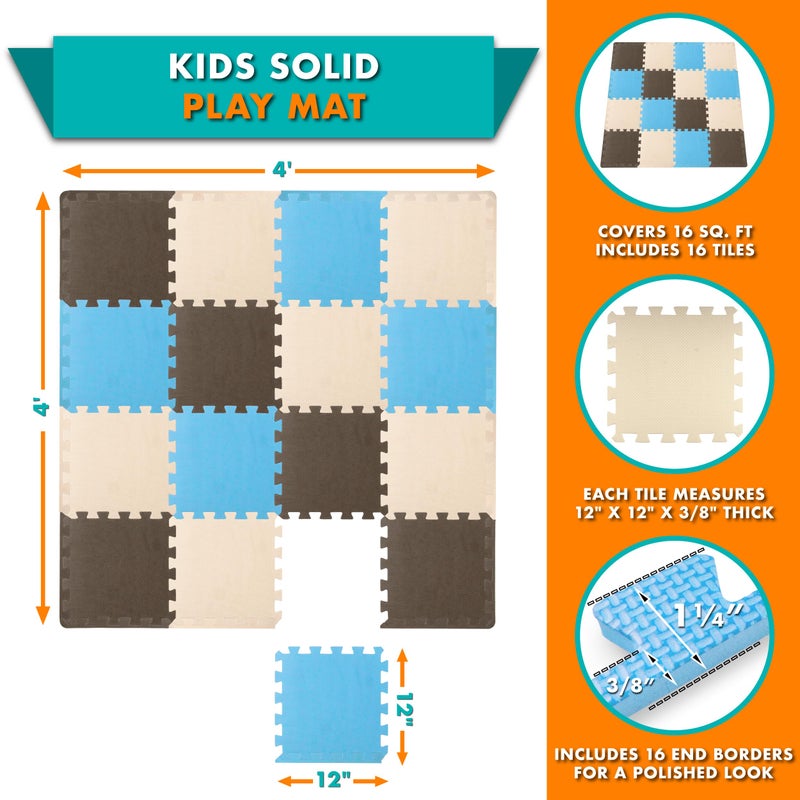 ProSource Foam Puzzle Floor Play Mat for Kids and Babies with Solid Colors, 36 or 16 Interlocking Tiles with Borders, Blue/Brown/Beige - Image 2
