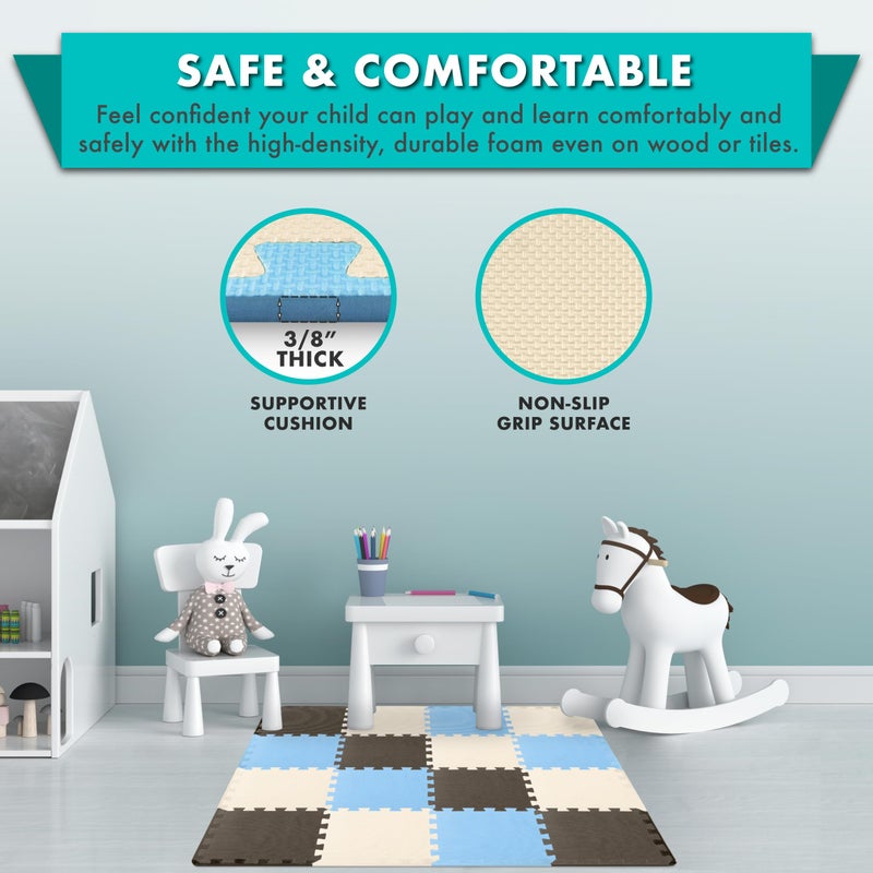 ProSource Foam Puzzle Floor Play Mat for Kids and Babies with Solid Colors, 36 or 16 Interlocking Tiles with Borders, Blue/Brown/Beige - Image 4