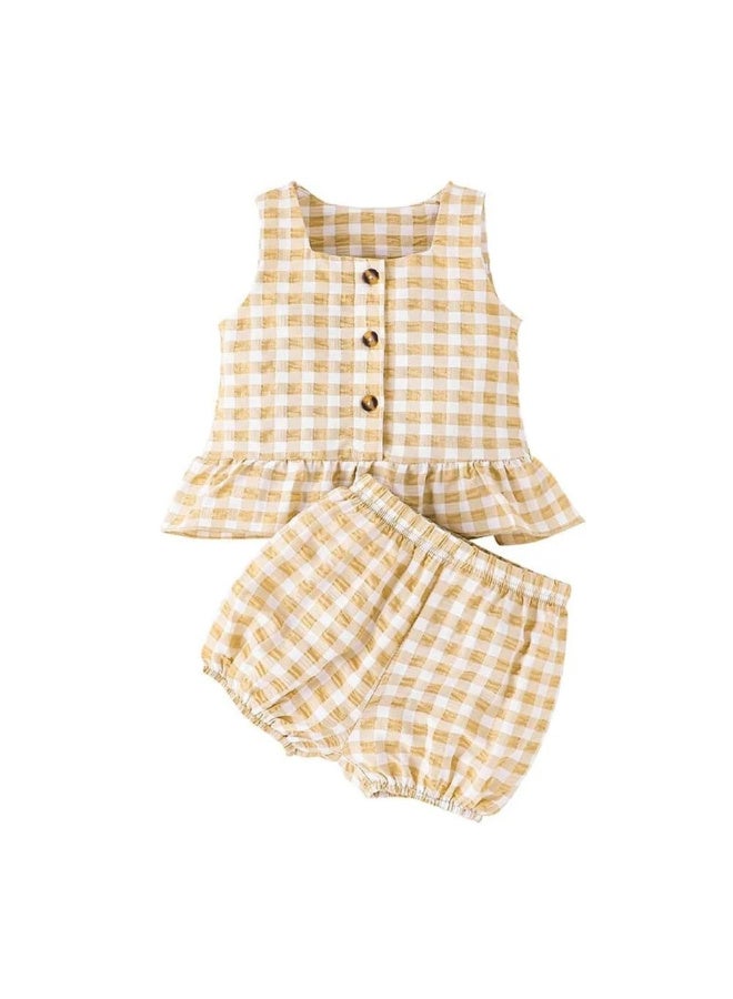 MiniMe Two-Piece Clothing Set for Baby Girls | 6–9 Months | Beige & White | cotton & Spandex | Summer Casual Dress | Tank Top & Shorts Set | Soft Fabric | Comfortable | Breathable | Anti-Bacterial